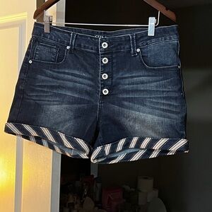Grace Dark Blue Denim Button-Front Shorts with Striped Cuffs